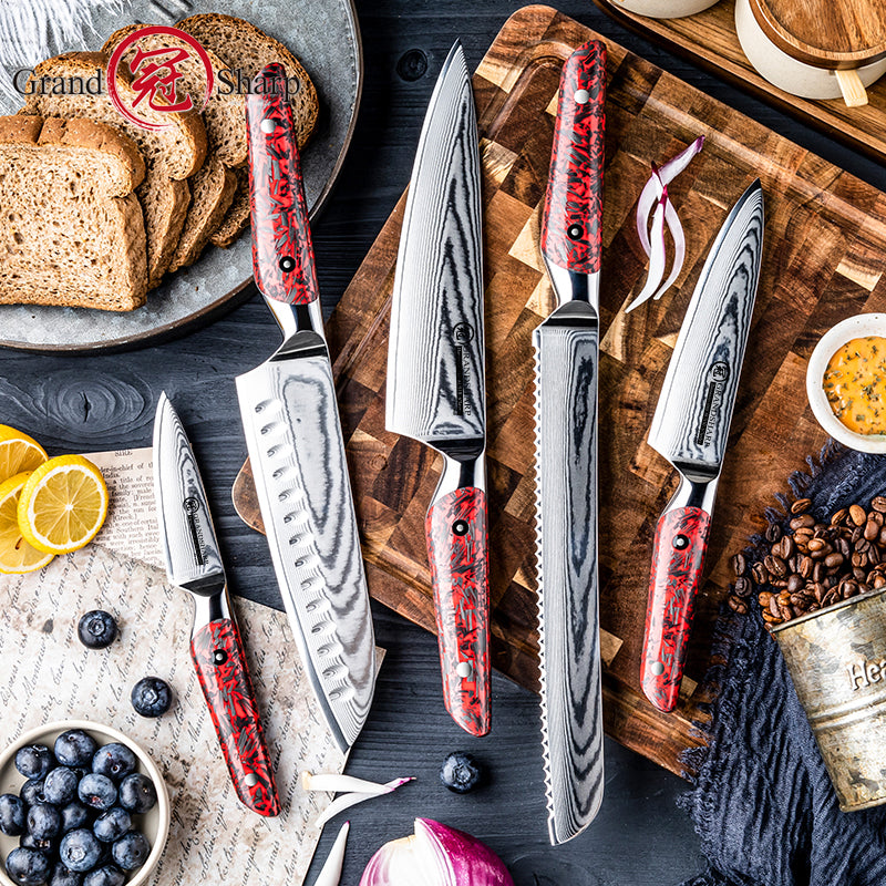 Grandsharp Damascus Steel Chef Kitchen Knife Set Santoku Bread Utility Paring Knife Red Resin Carbon Fiber Handle