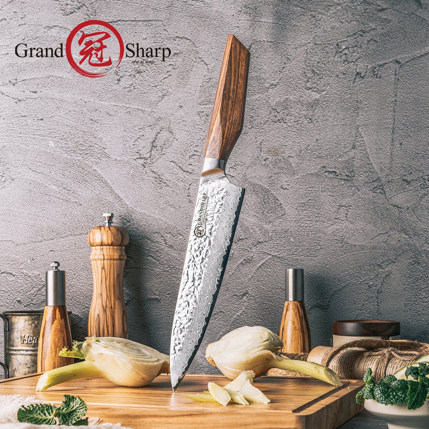 Grandsharp 8'' Kitchen Chef Knife Japanese AUS10 Steel Core Damascus Knife 67 Layers Africa Wood Handle