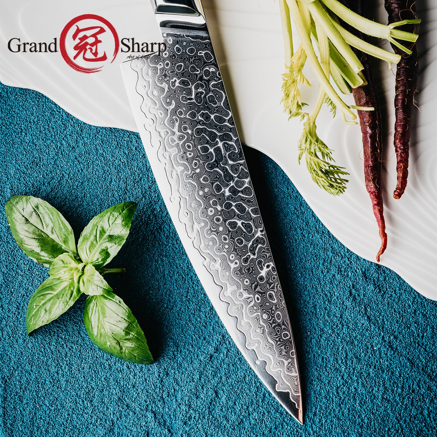 Grandsharp 129 Layers Damascus Steel Kitchen 8 Inch Chef Knife Luxury Chef Damascus Knives Cooking with Blue Resin Handle