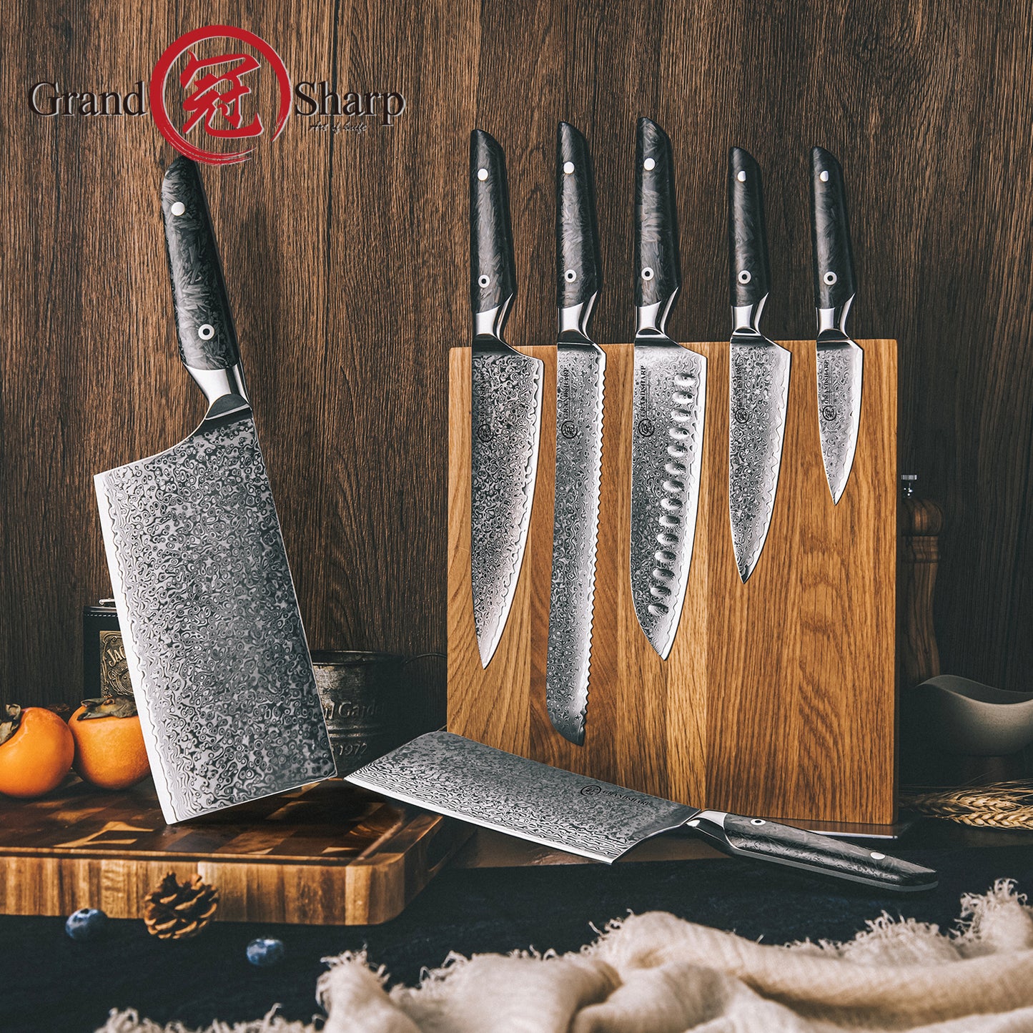 Grandsharp Luxury 67 Layers Damascus AUS10 Steel Kitchen Knives Sets 7 Pcs Chef Kitchen Knife Set with Black Carbon Fiber Handle