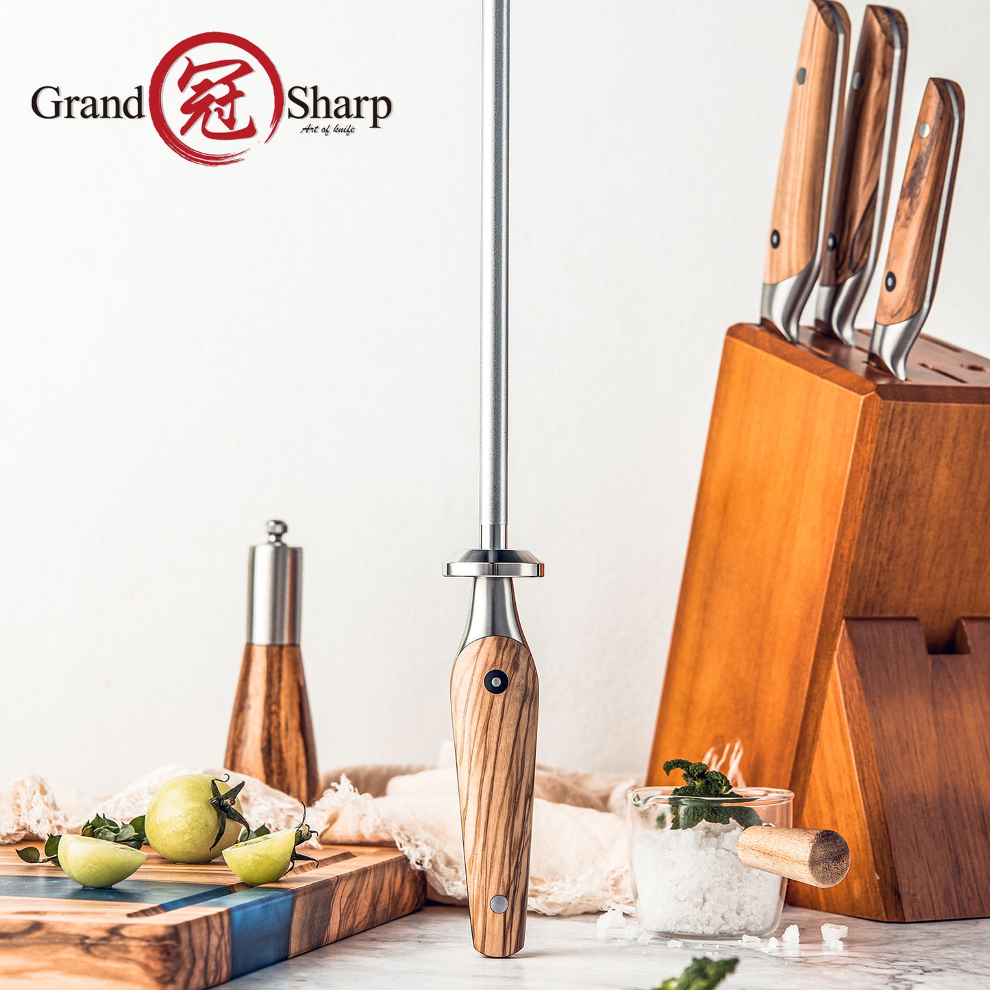 Grandsharp Kitchen Knife Sharpening Rod 10 Inch Diamond Powder Knife Sharpener for Chef Knives Sets with Olive Wood Handle
