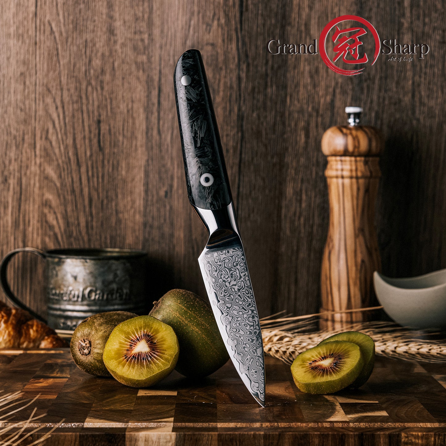 Grandsharp Paring Fruit Kitchen Knife 67 Layers 4 Inch AUS10 Damascus Steel Kitchen Paring Knives with Black Carbon Fiber Handle