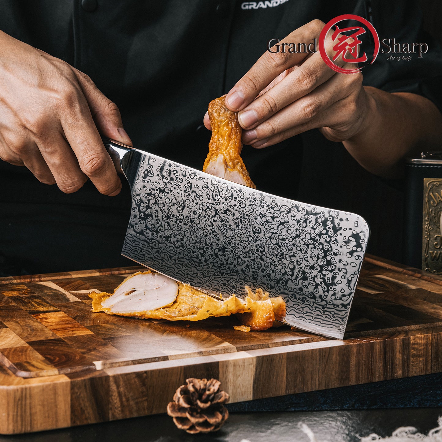 Grandsharp 7'' Kitchen Chopping Knife AUS10 Core 67 Layers Damascus Steel Cleaver Butcher Knife with Black Carbon Fiber Handle