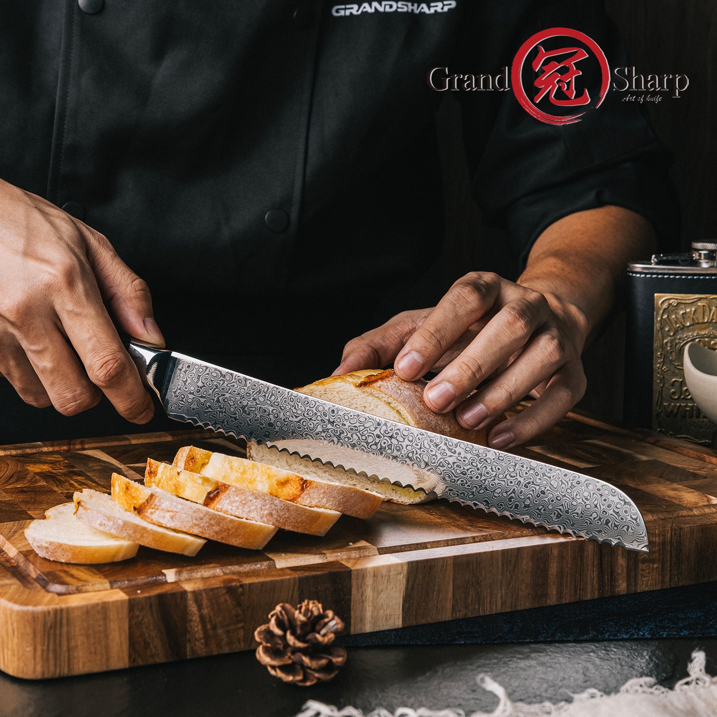 Grandsharp Kitchen 67 Layers 8 Inch Bread Knife AUS10 Damascus Steel Kitchen Bread Cutting Knives with Black Carbon Fiber Handle