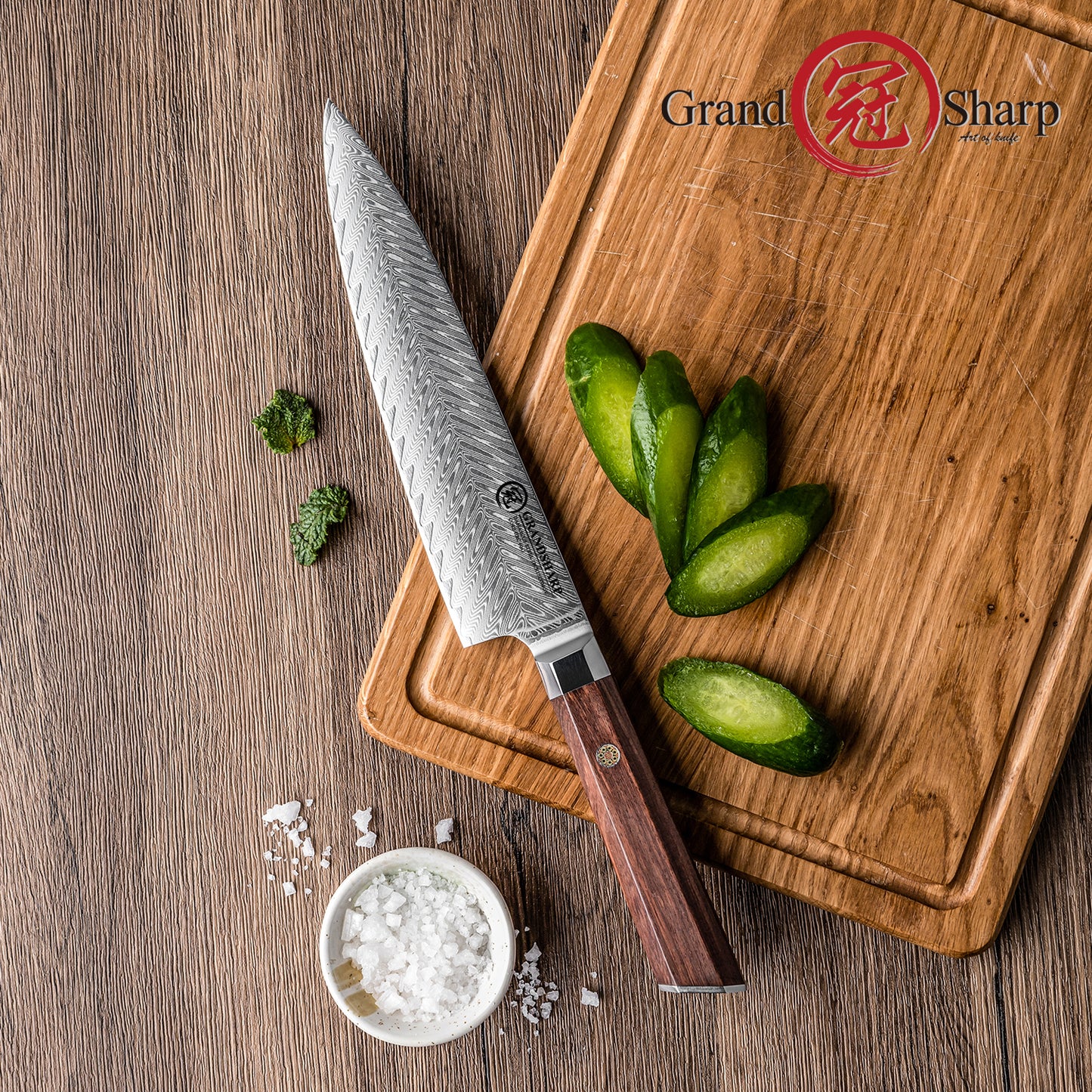 Grandsharp Rose Wood Handle Damascus Chef Knife
