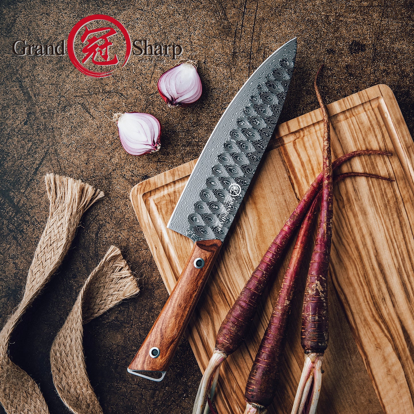 Grandsharp 8 Inch Premium Chef Knife 67 Layers 10Cr15MoV Core Damascus Steel Africa Rose Wood Handle with Gift Box Santoku