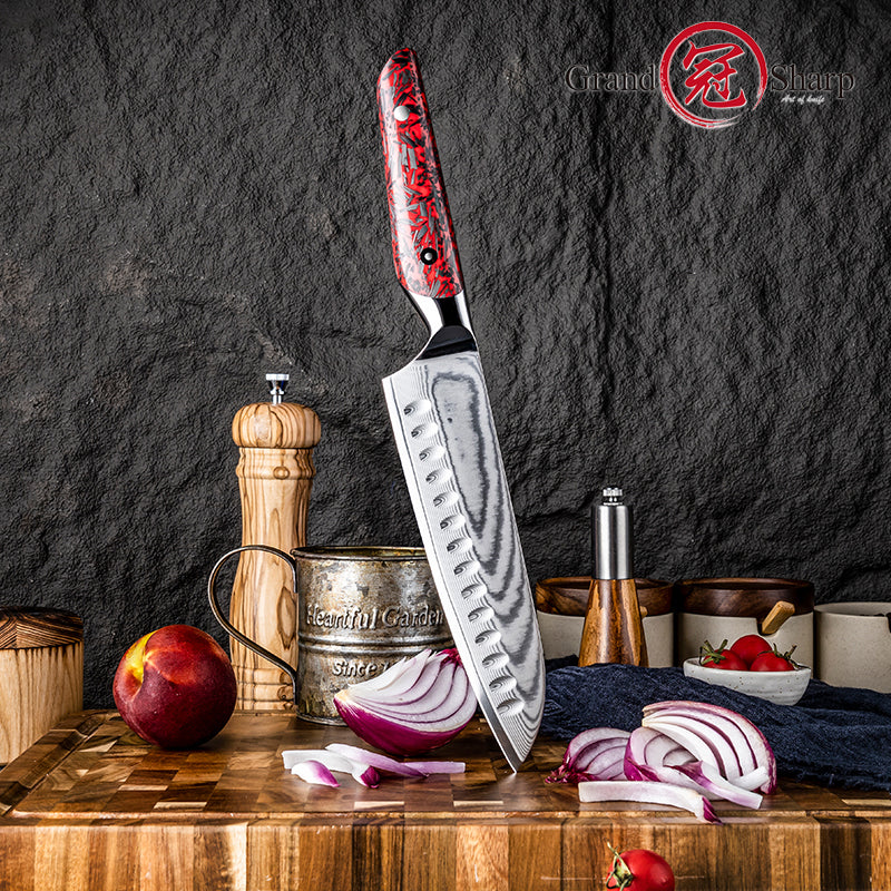 Grandsharp 7.5" Kitchen Santoku Knife Damascus Carbon Steel Kitchen Knife with Resin and Carbon Fiber Handle