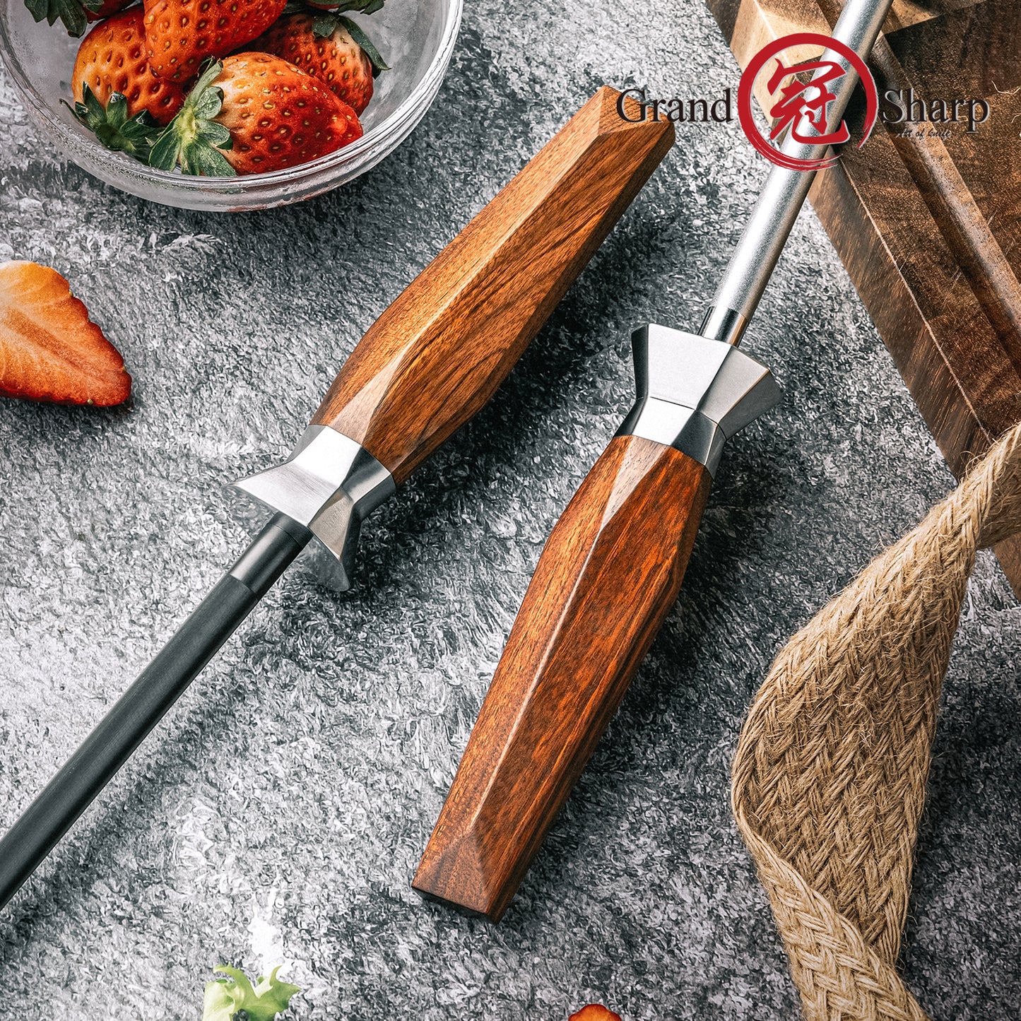 Grandsharp 10 Inch Diamond Kitchen Knives Sharpening Rod Modern Knife Sharpener Rod with Africa Rose Wood Knife Sharpener