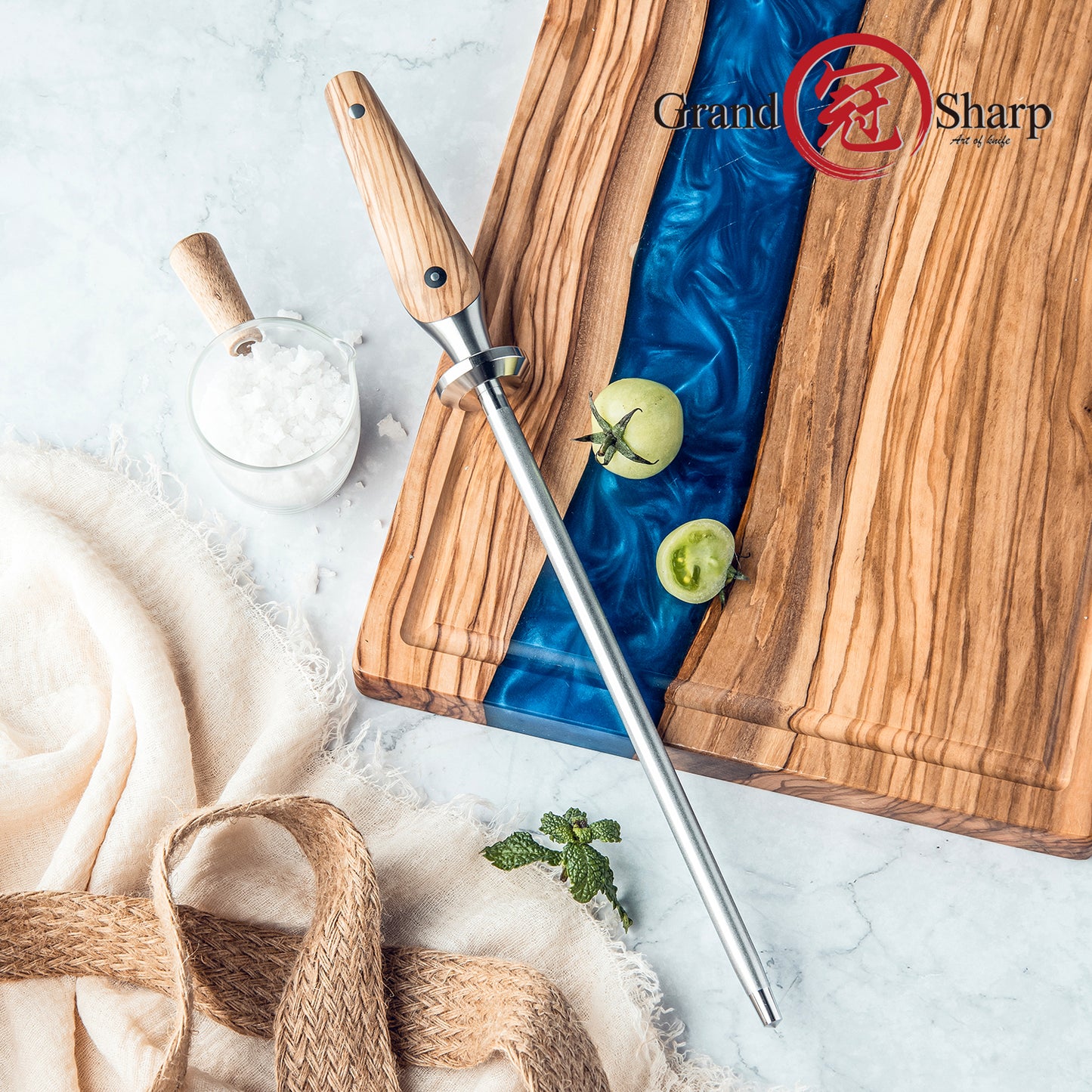 Grandsharp Kitchen Knife Sharpening Rod 10 Inch Diamond Powder Knife Sharpener for Chef Knives Sets with Olive Wood Handle