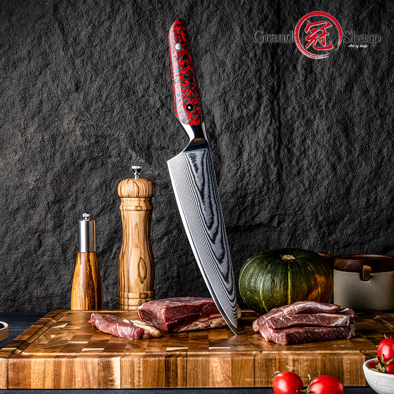 Grandsharp 8 Inch 67 Layers Damascus Carbon AUS10 Steel Chef Knife Red Resin and Carbon Fiber Handle