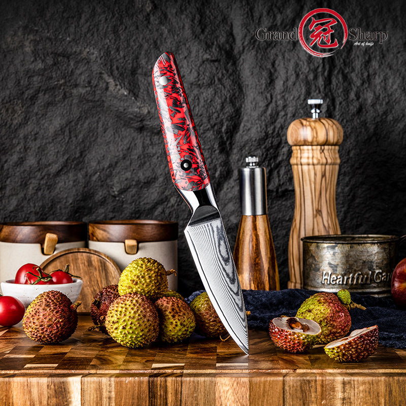 Grandsharp 3.7"Damascus AUS-10 Core Utility Fruit Paring Knife Red Resin and Carbon Fiber Handle