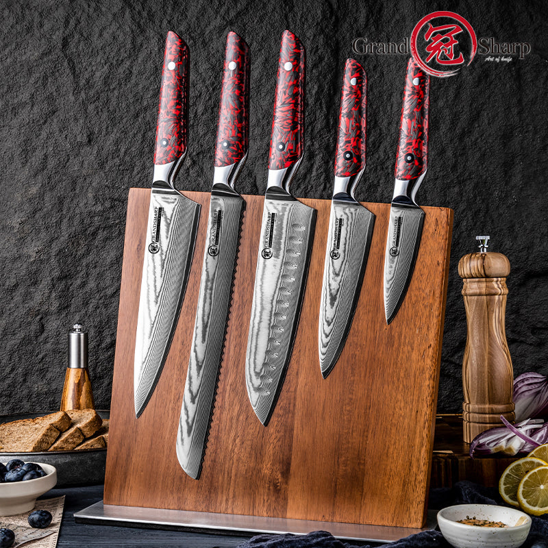 Grandsharp Damascus Steel Chef Kitchen Knife Set Santoku Bread Utility Paring Knife Red Resin Carbon Fiber Handle