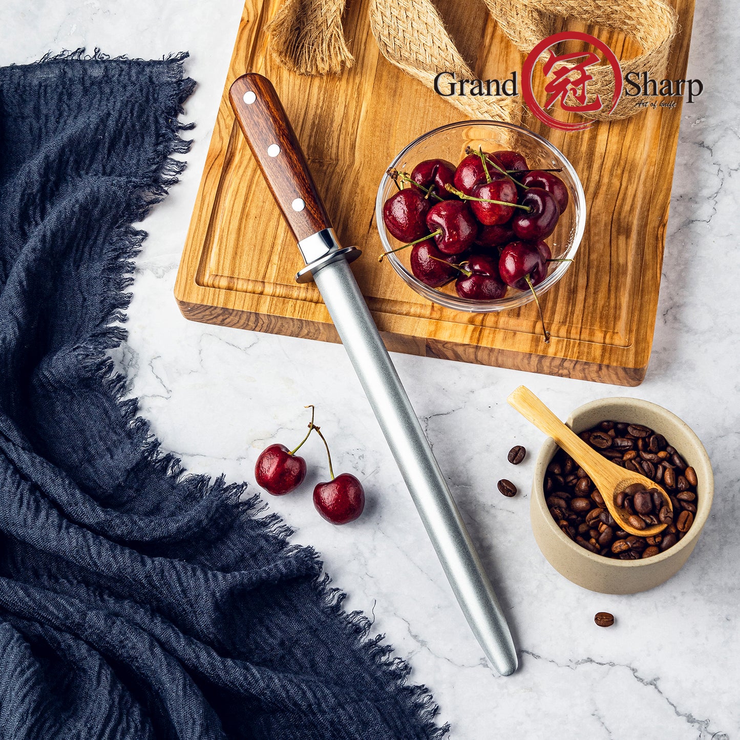 Grandsharp 9 Inch Diamond Powder Round Shank Sharpening Rod Kitchen Chef Knives Accessories Sharpening Stick Sharpener