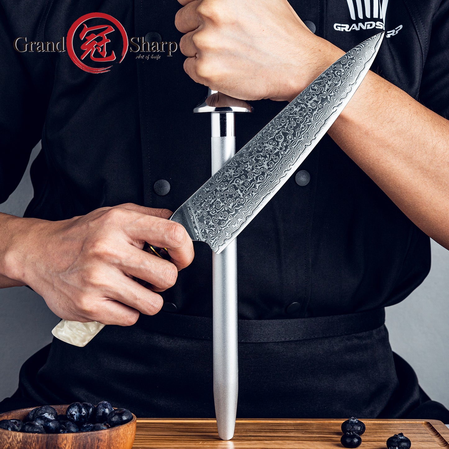 Grandsharp 10 Inch Knife Sharpening Rod Diamond Powder Coating Kitchen Classic Steel Knife Sharpener with Resin & Wood Handle