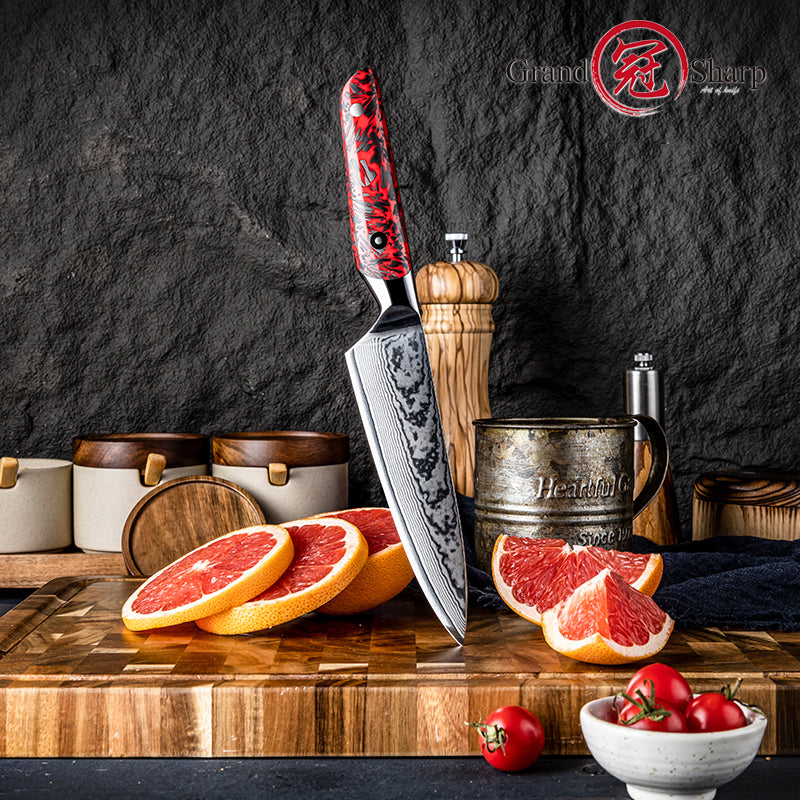 Grandsharp 67 Layers Damascus Steel Utility Paring Knife with Red Resin and Carbon Fiber Handle