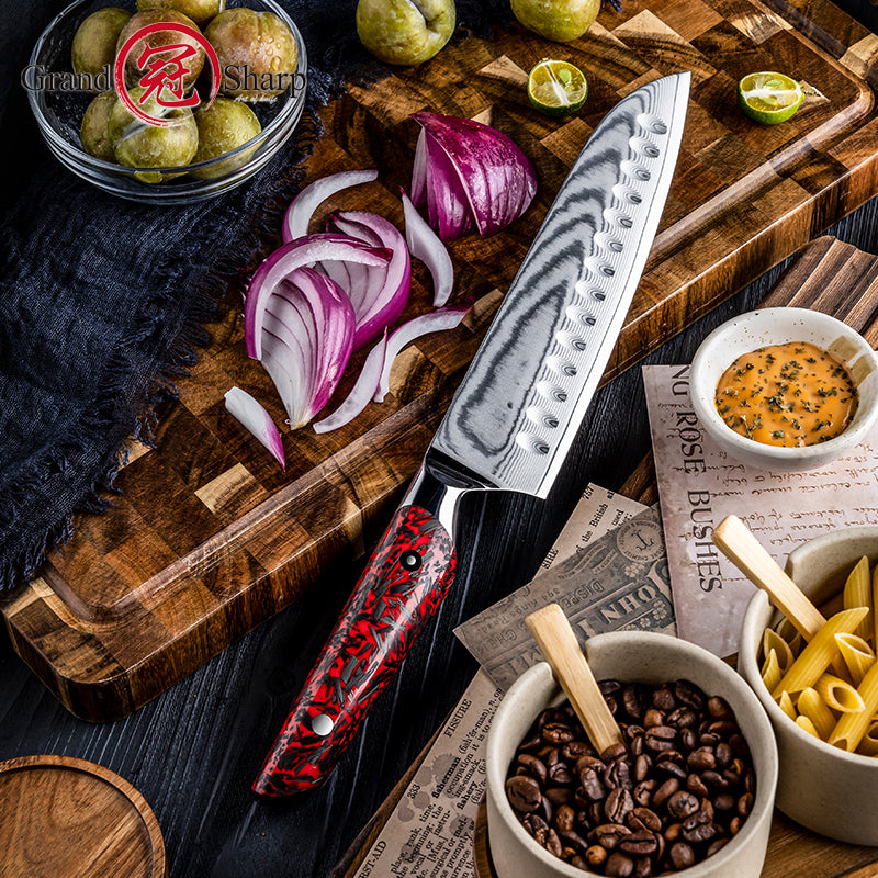 Grandsharp 7.5" Kitchen Santoku Knife Damascus Carbon Steel Kitchen Knife with Resin and Carbon Fiber Handle