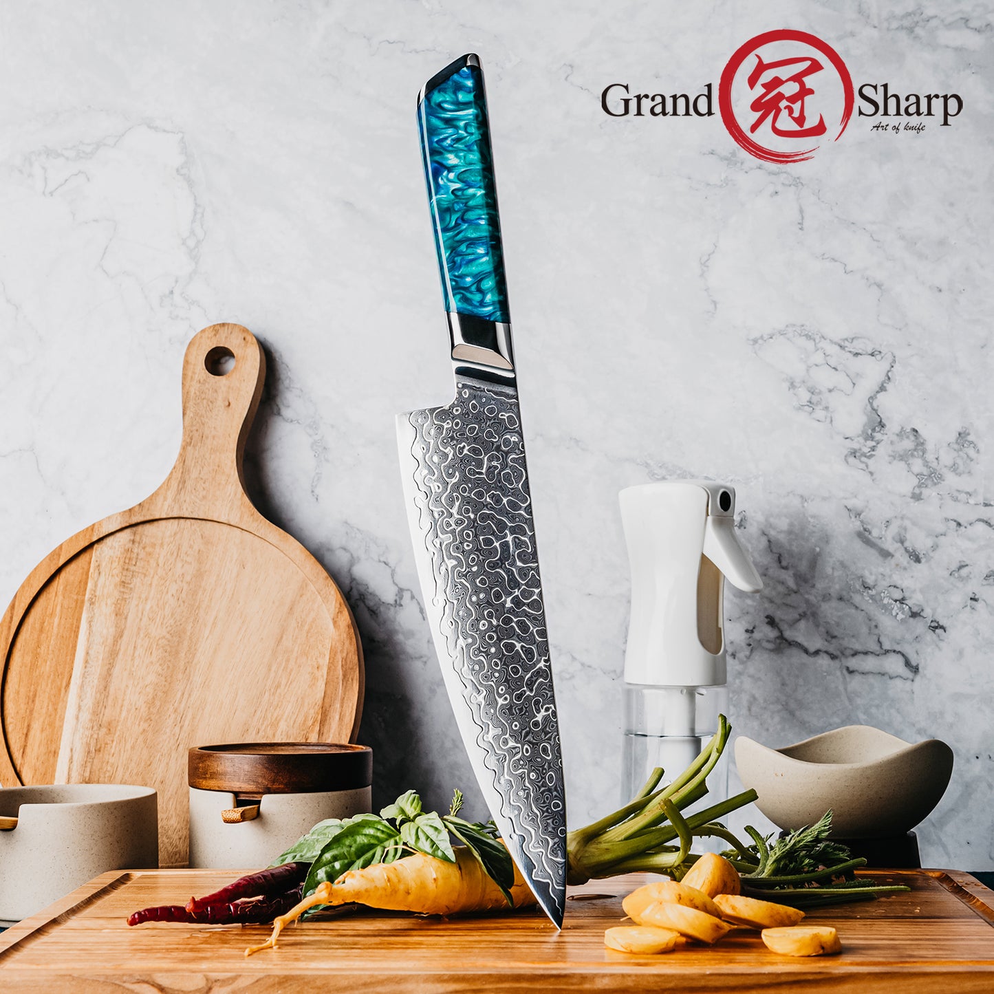 Grandsharp 129 Layers Damascus Steel Kitchen 8 Inch Chef Knife Luxury Chef Damascus Knives Cooking with Blue Resin Handle