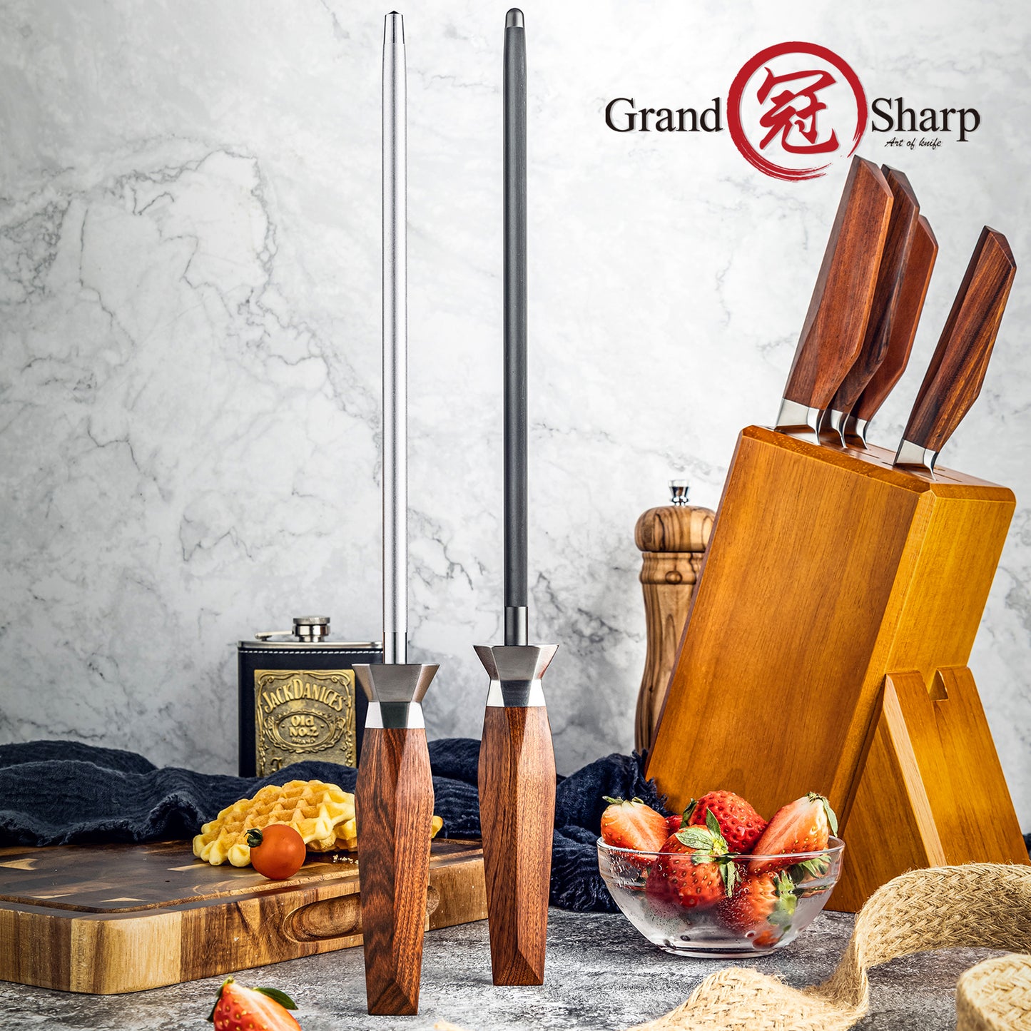 Grandsharp 10 Inch Diamond Kitchen Knives Sharpening Rod Modern Knife Sharpener Rod with Africa Rose Wood Knife Sharpener