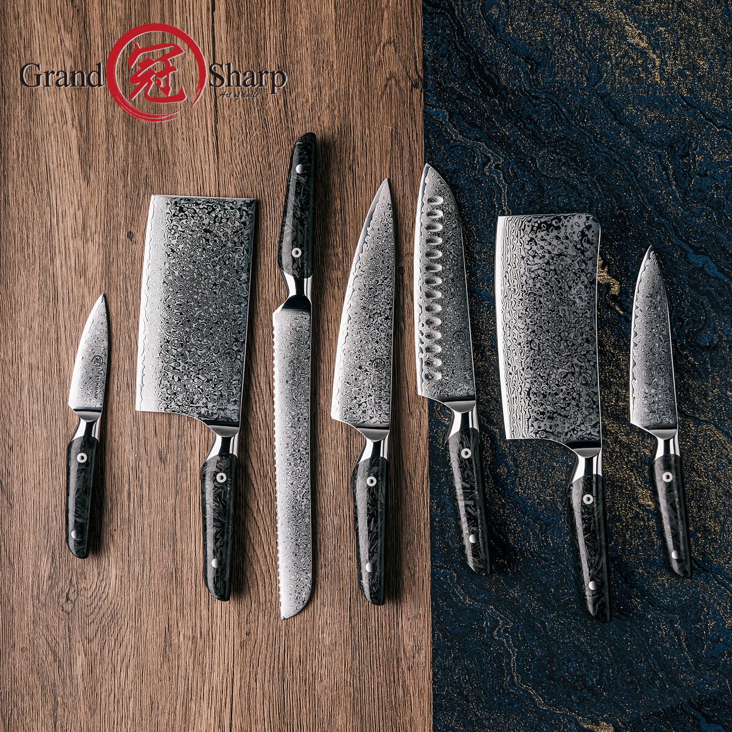 Grandsharp Luxury 67 Layers Damascus AUS10 Steel Kitchen Knives Sets 7 Pcs Chef Kitchen Knife Set with Black Carbon Fiber Handle