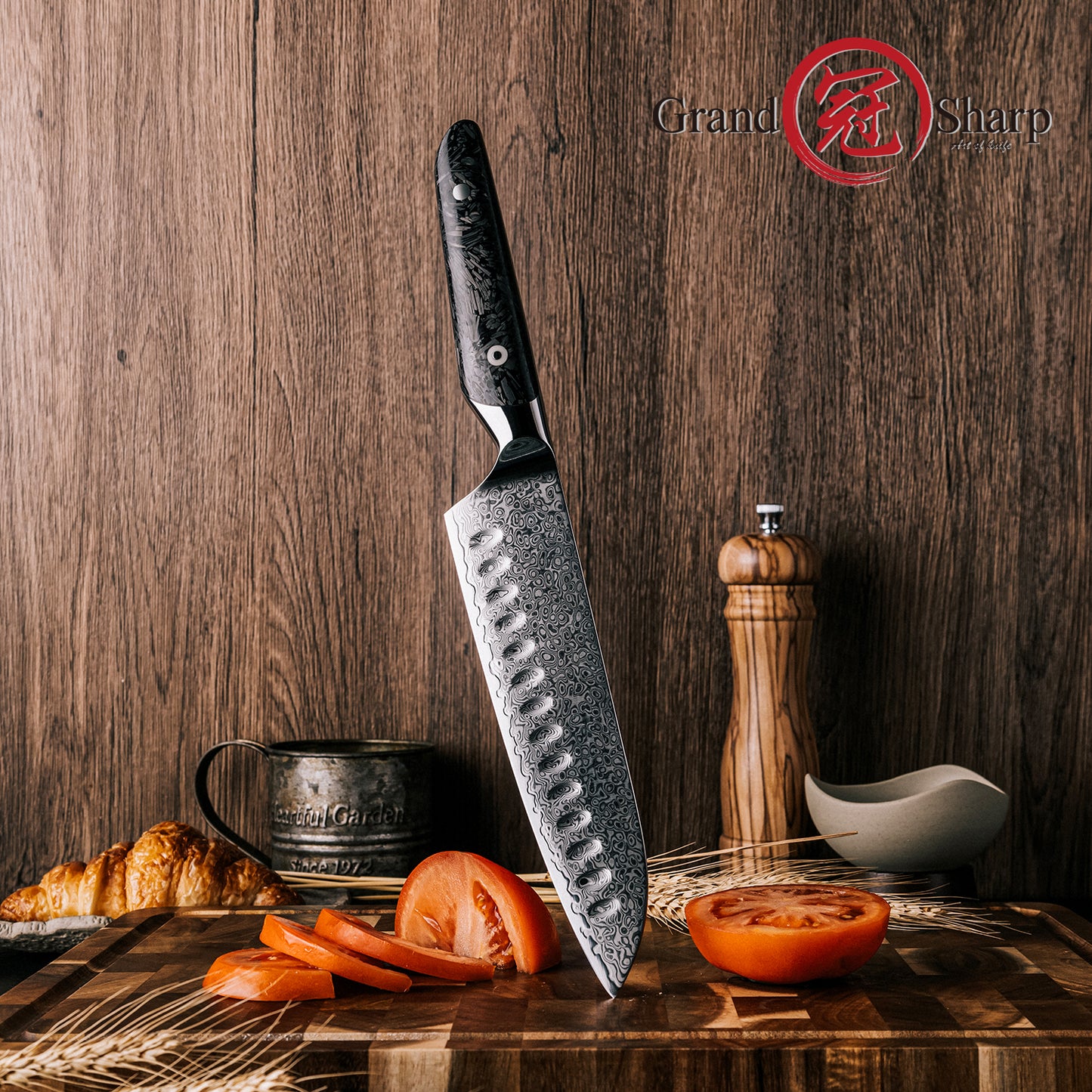 Grandsharp 7.5 Inch 67 Layers Santoku Knife Kitchen AUS10 Damascus Steel Santoku Knives Tools with Black Carbon Fiber Handle