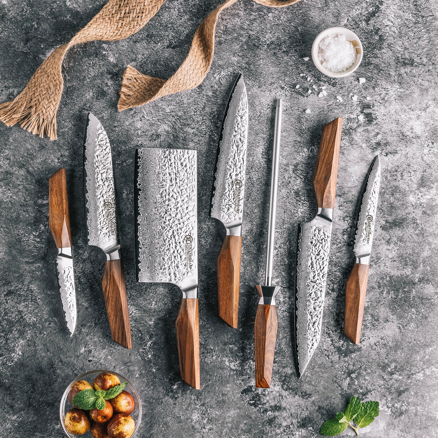Grandsharp Premium 1-5pcs Damascus Kitchen Knife Set 67 Layers AUS-10 Cutting Core Africa Rose Wood Handle Meat Food Cutter