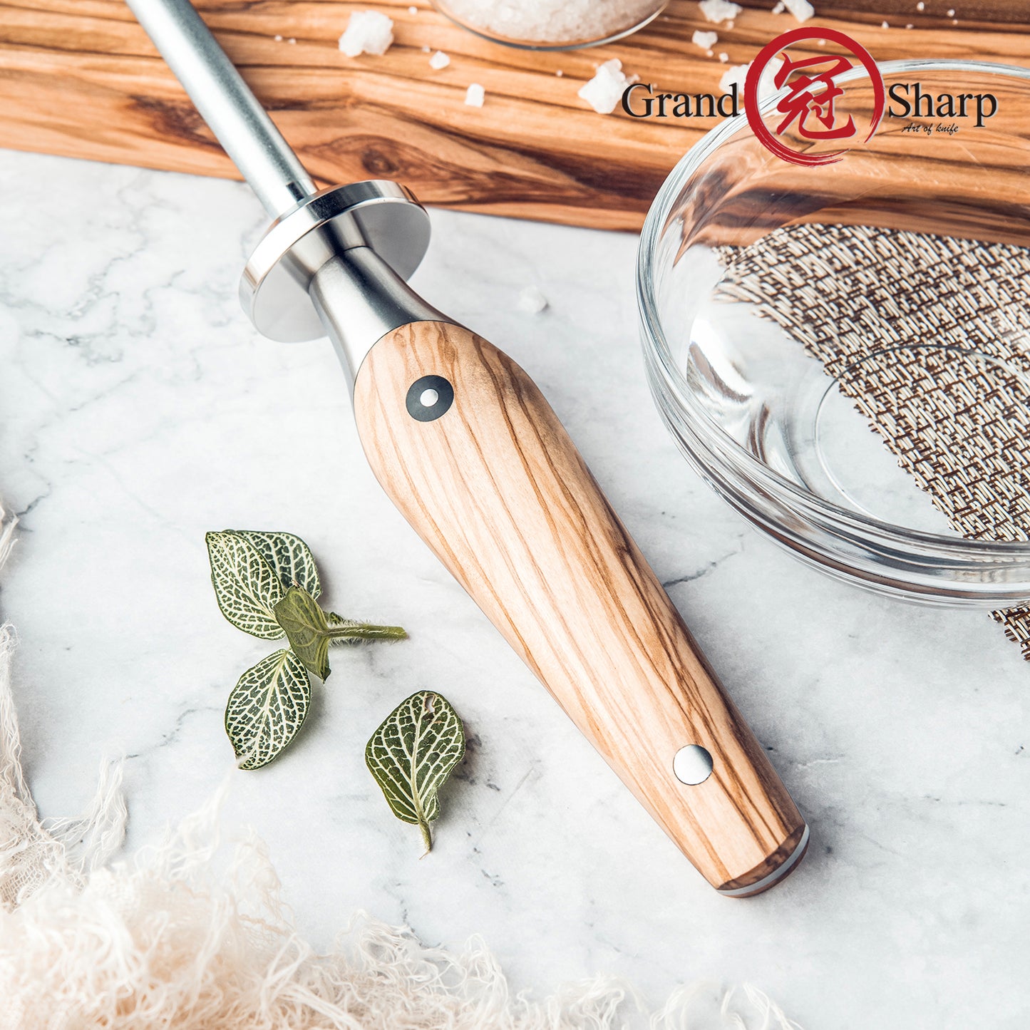 Grandsharp Kitchen Knife Sharpening Rod 10 Inch Diamond Powder Knife Sharpener for Chef Knives Sets with Olive Wood Handle