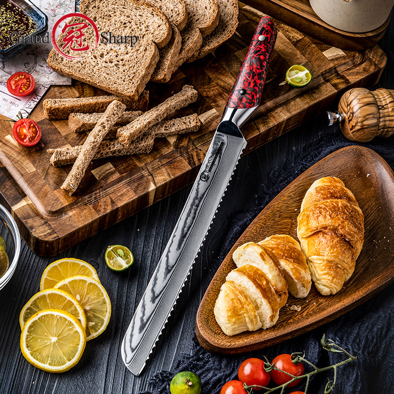 Grandsharp Damascus Steel Bread Knife 10 Inch Baking Knives Cake Slicing Kitchen Knife with Resin and Carbon Fiber Handle