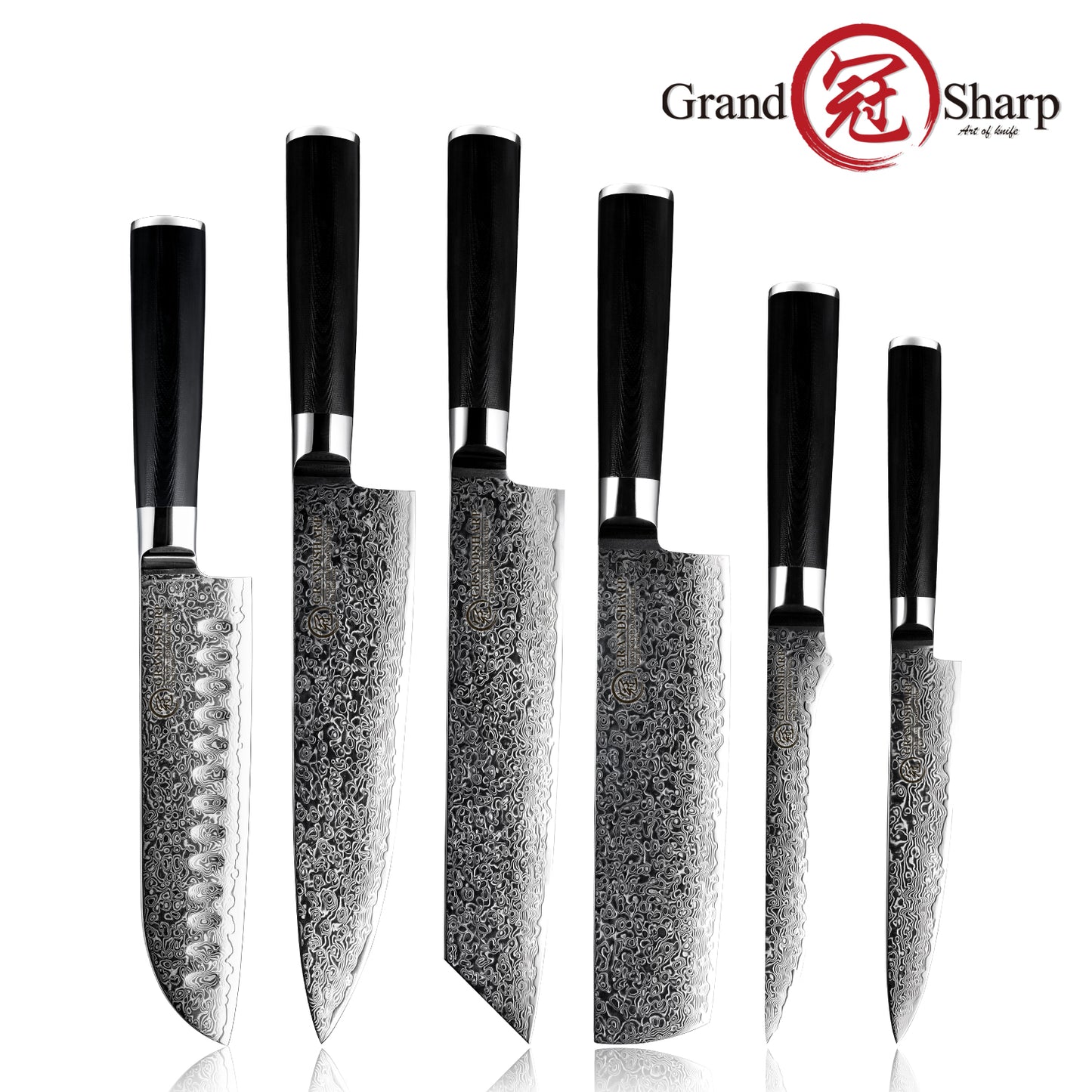 Grandsharp Black Handle 10Cr15CoMoV Damascus Kitchen Knife Collection