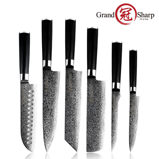 Grandsharp Black Handle 10Cr15CoMoV Damascus Kitchen Knife Collection