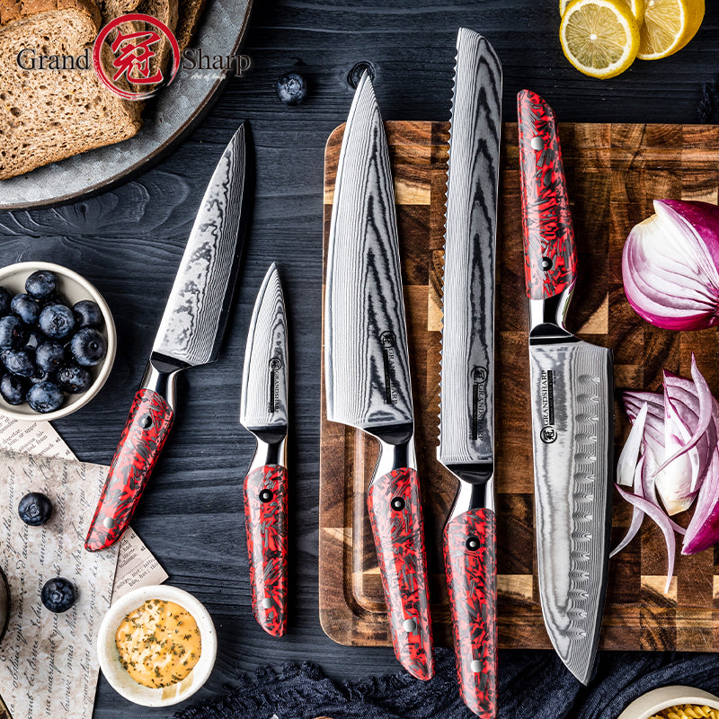 Grandsharp Damascus Steel Chef Kitchen Knife Set Santoku Bread Utility Paring Knife Red Resin Carbon Fiber Handle
