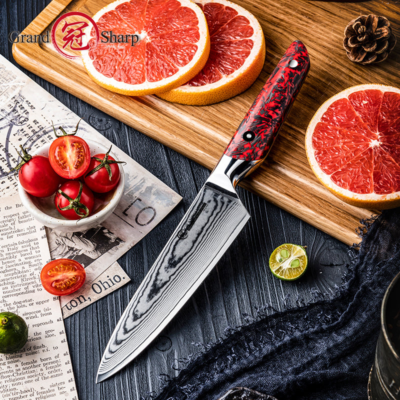 Grandsharp 67 Layers Damascus Steel Utility Paring Knife with Red Resin and Carbon Fiber Handle