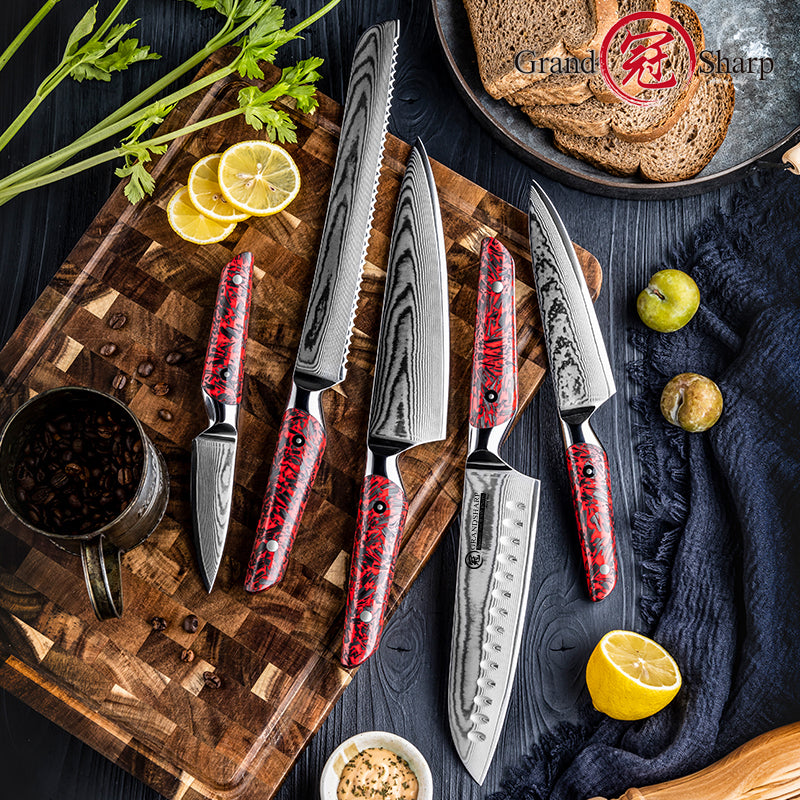 Grandsharp Damascus Steel Chef Kitchen Knife Set Santoku Bread Utility Paring Knife Red Resin Carbon Fiber Handle