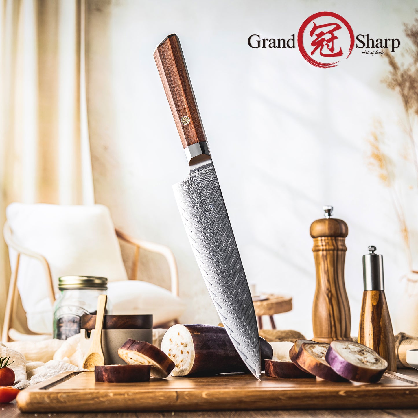 Grandsharp Rose Wood Handle Damascus Chef Knife