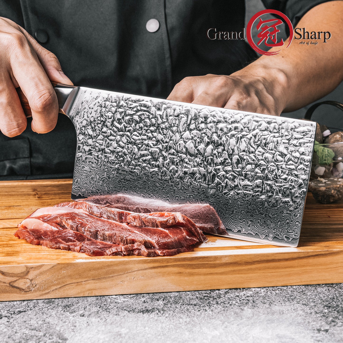 Grandsharp Kitchen Cleaver Caidao Knife 7 Inch 67 Layers AUS10 Damascus Steel Cleaver Cutting Knives with Africa Rose Wood Handle