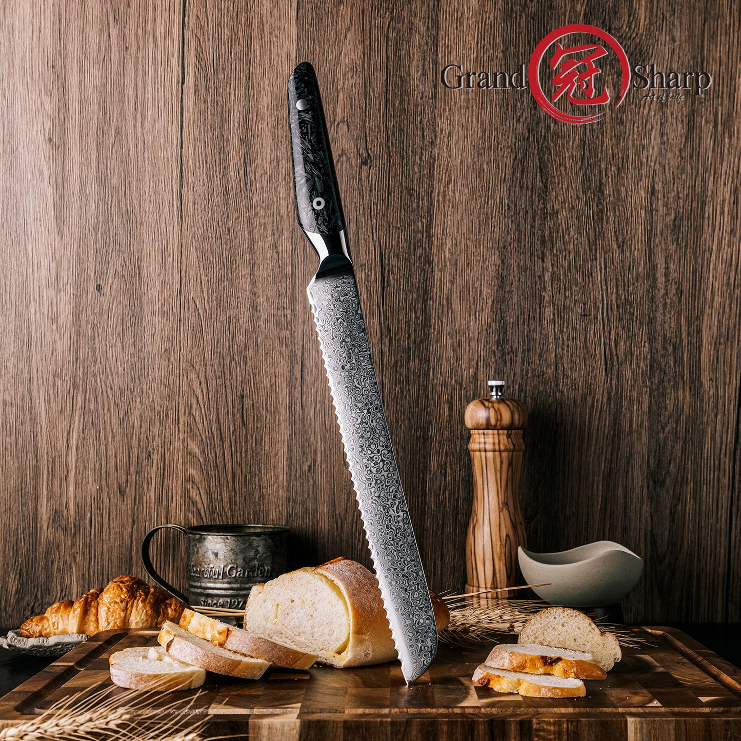 Grandsharp Kitchen 67 Layers 8 Inch Bread Knife AUS10 Damascus Steel Kitchen Bread Cutting Knives with Black Carbon Fiber Handle