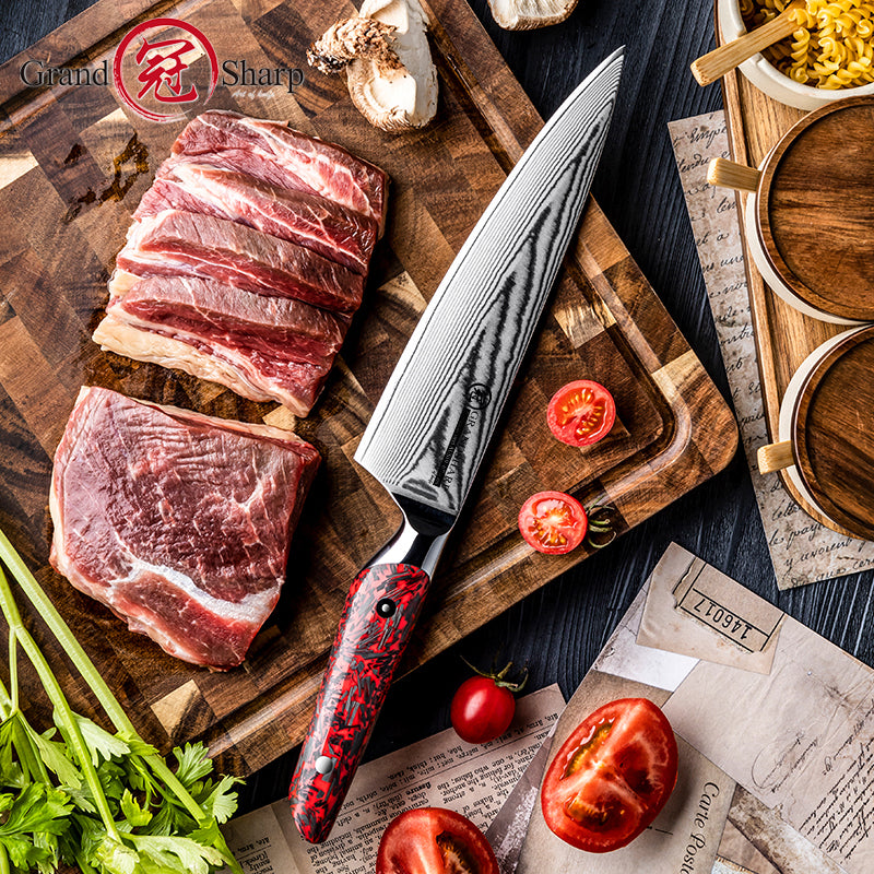 Grandsharp 8 Inch 67 Layers Damascus Carbon AUS10 Steel Chef Knife Red Resin and Carbon Fiber Handle