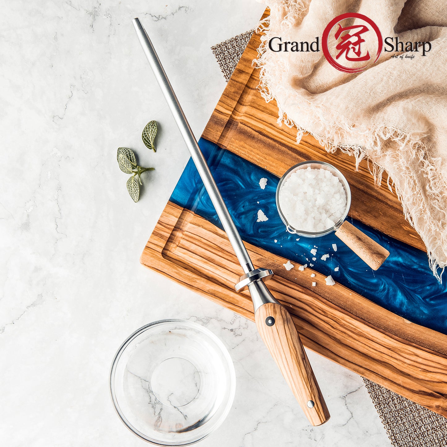 Grandsharp Kitchen Knife Sharpening Rod 10 Inch Diamond Powder Knife Sharpener for Chef Knives Sets with Olive Wood Handle