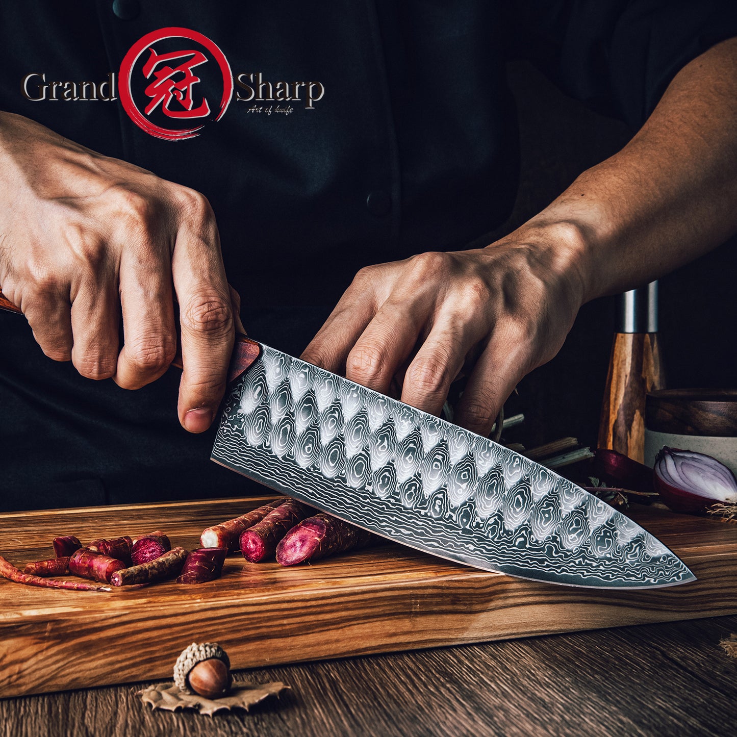 Grandsharp 8 Inch Premium Chef Knife 67 Layers 10Cr15MoV Core Damascus Steel Africa Rose Wood Handle with Gift Box Santoku