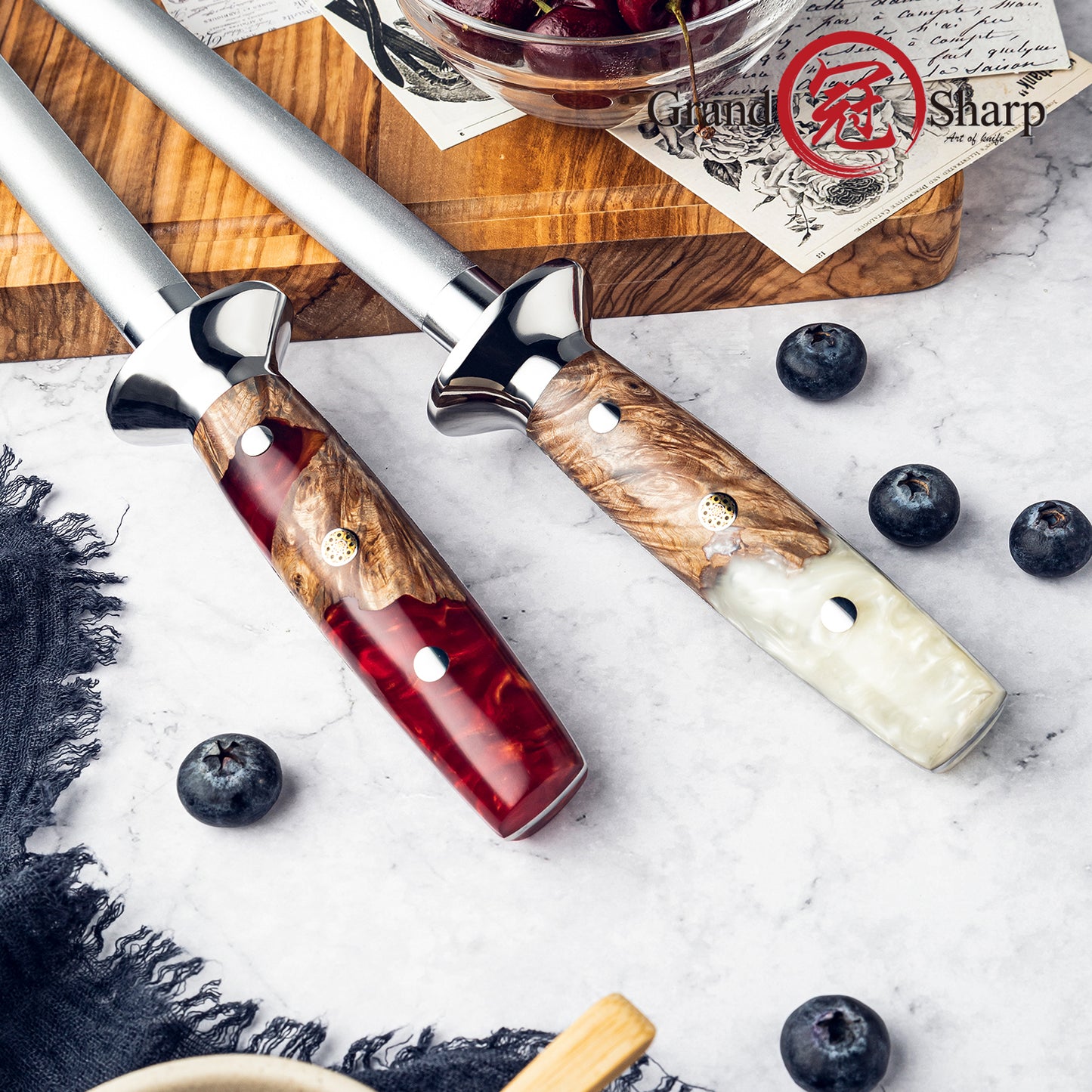 Grandsharp 10 Inch Knife Sharpening Rod Diamond Powder Coating Kitchen Classic Steel Knife Sharpener with Resin & Wood Handle