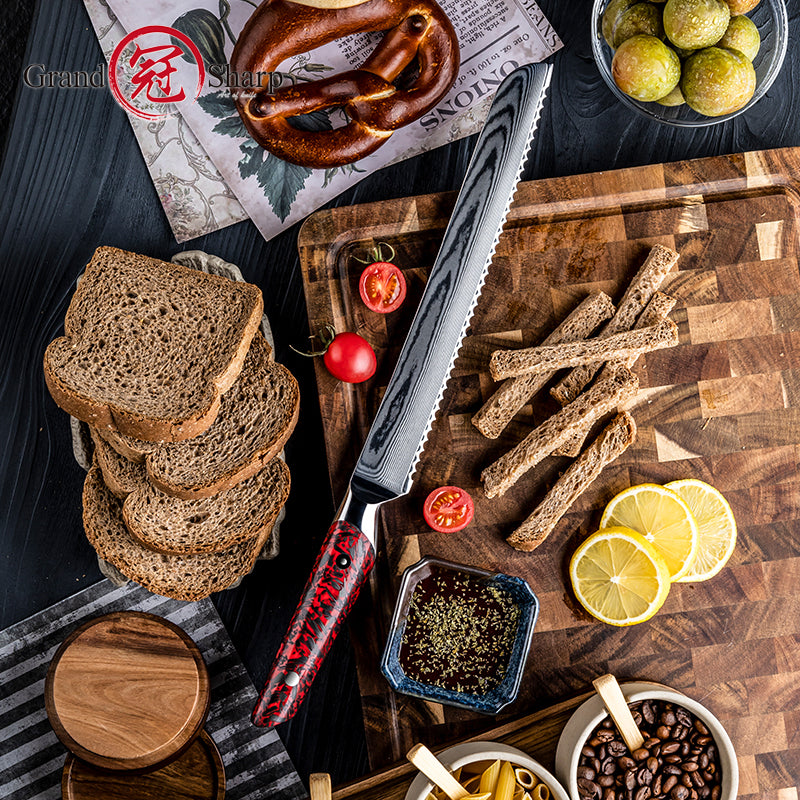 Grandsharp Damascus Steel Bread Knife 10 Inch Baking Knives Cake Slicing Kitchen Knife with Resin and Carbon Fiber Handle