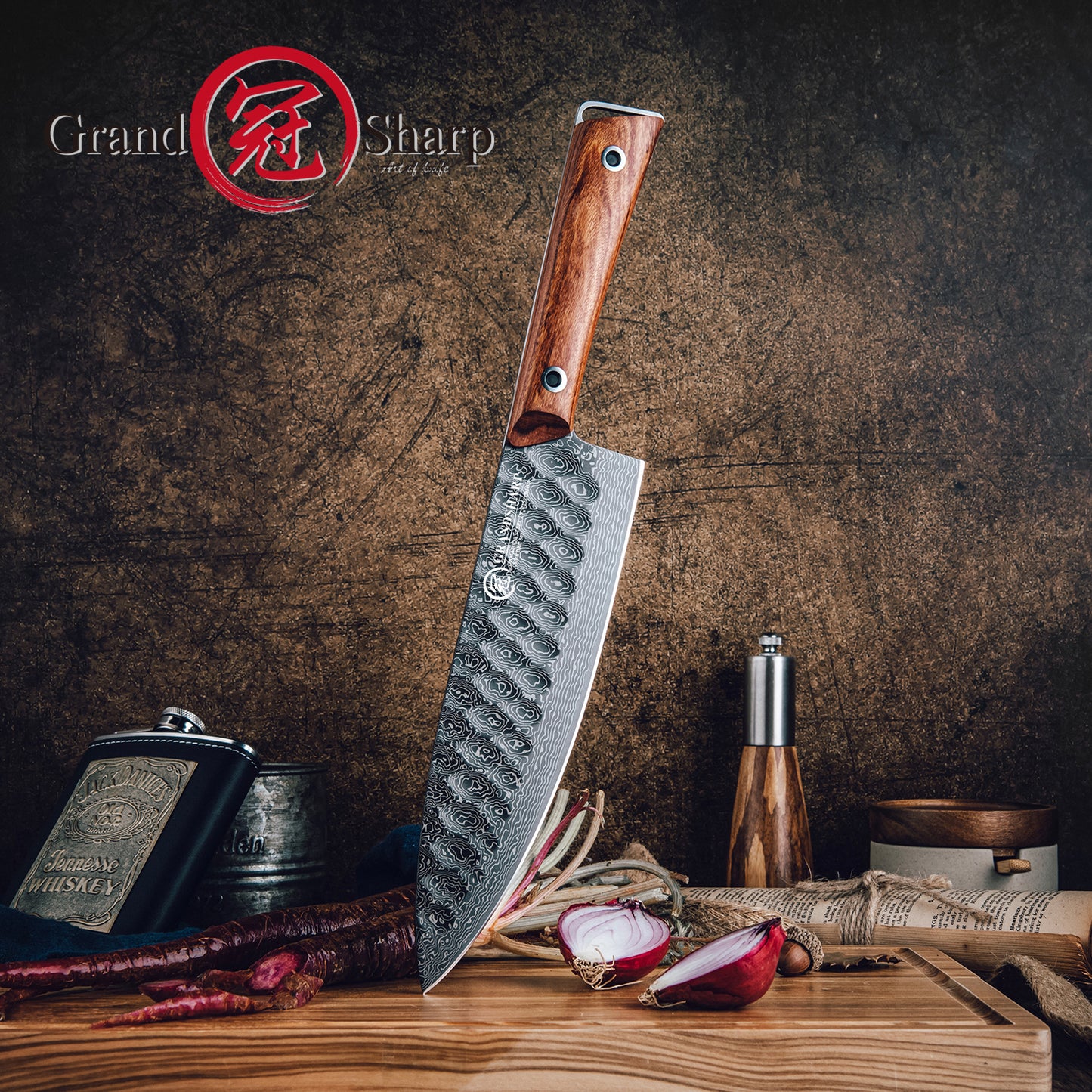 Grandsharp 8 Inch Premium Chef Knife 67 Layers 10Cr15MoV Core Damascus Steel Africa Rose Wood Handle with Gift Box Santoku