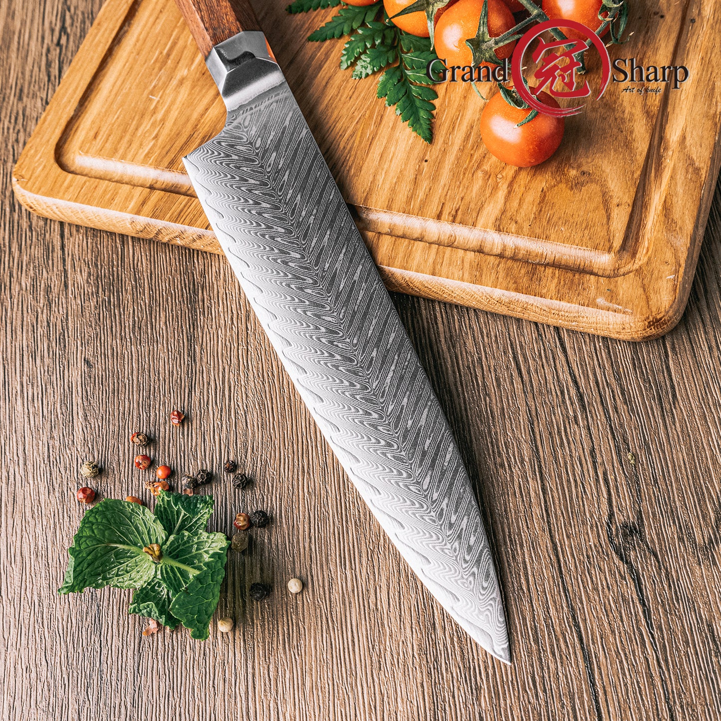 Grandsharp Rose Wood Handle Damascus Chef Knife