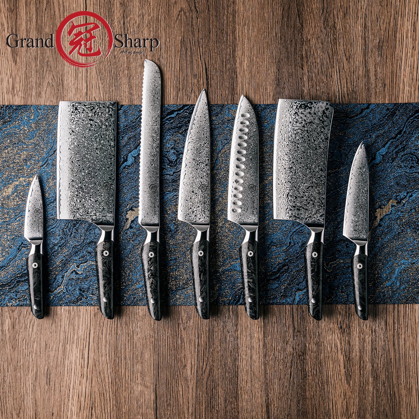 Grandsharp Luxury 67 Layers Damascus AUS10 Steel Kitchen Knives Sets 7 Pcs Chef Kitchen Knife Set with Black Carbon Fiber Handle