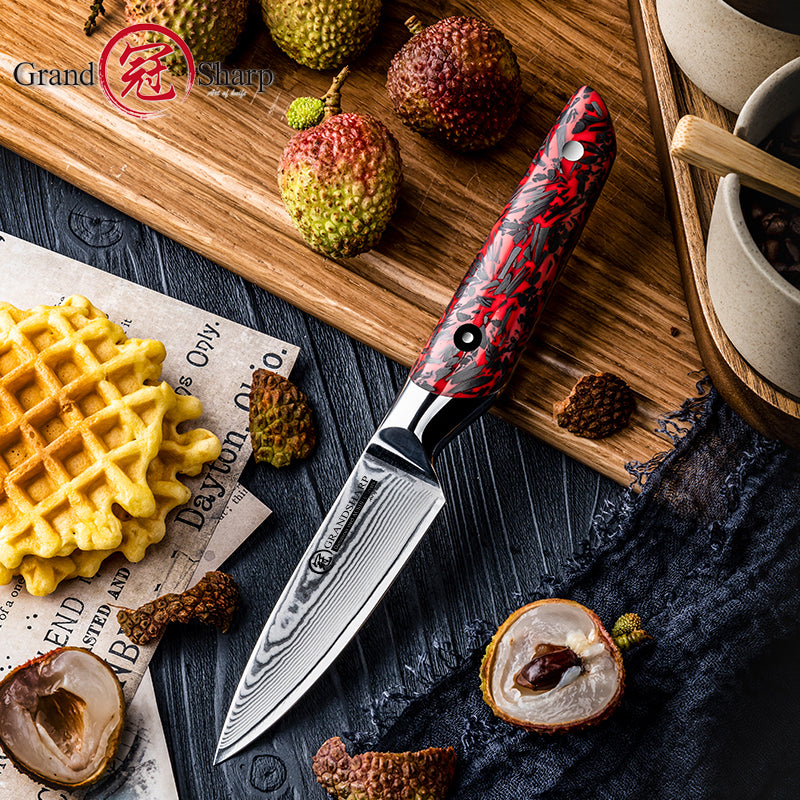 Grandsharp 3.7"Damascus AUS-10 Core Utility Fruit Paring Knife Red Resin and Carbon Fiber Handle