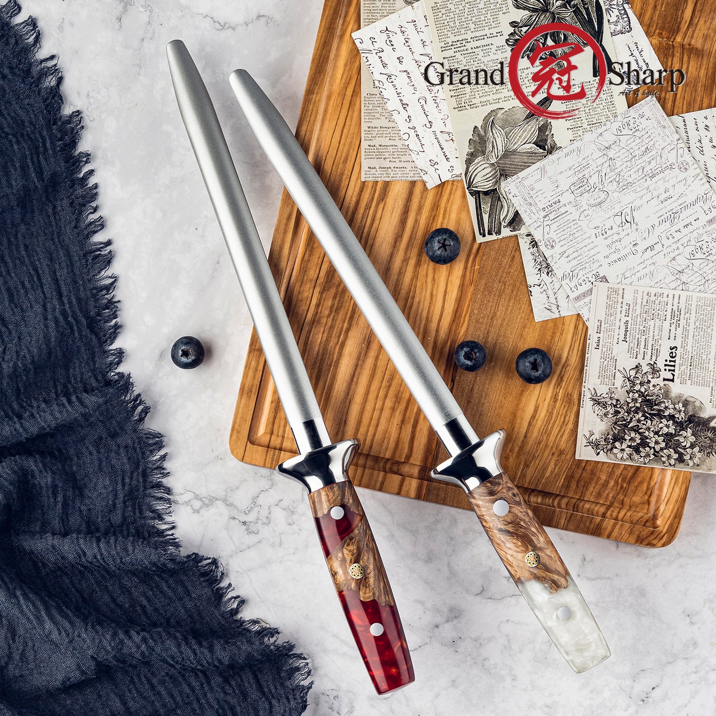 Grandsharp 10 Inch Knife Sharpening Rod Diamond Powder Coating Kitchen Classic Steel Knife Sharpener with Resin & Wood Handle