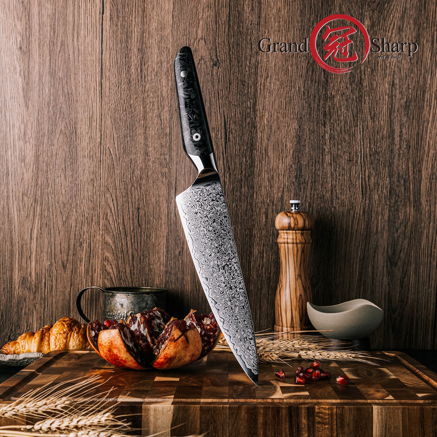 Grandsharp Kitchen 8 Inch Chef Knife Damascus AUS10 67 Layers Steel Chef Kitchen Knives Cutting with Black Carbon Fiber Handle