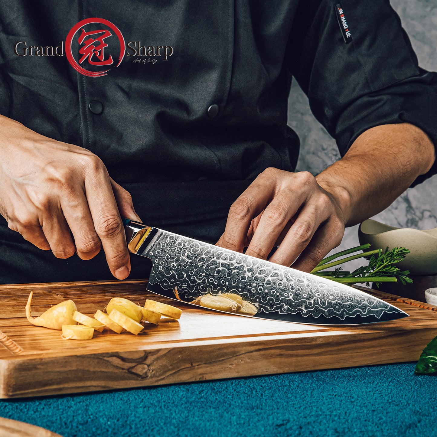 Grandsharp 129 Layers Damascus Steel Kitchen 8 Inch Chef Knife Luxury Chef Damascus Knives Cooking with Blue Resin Handle