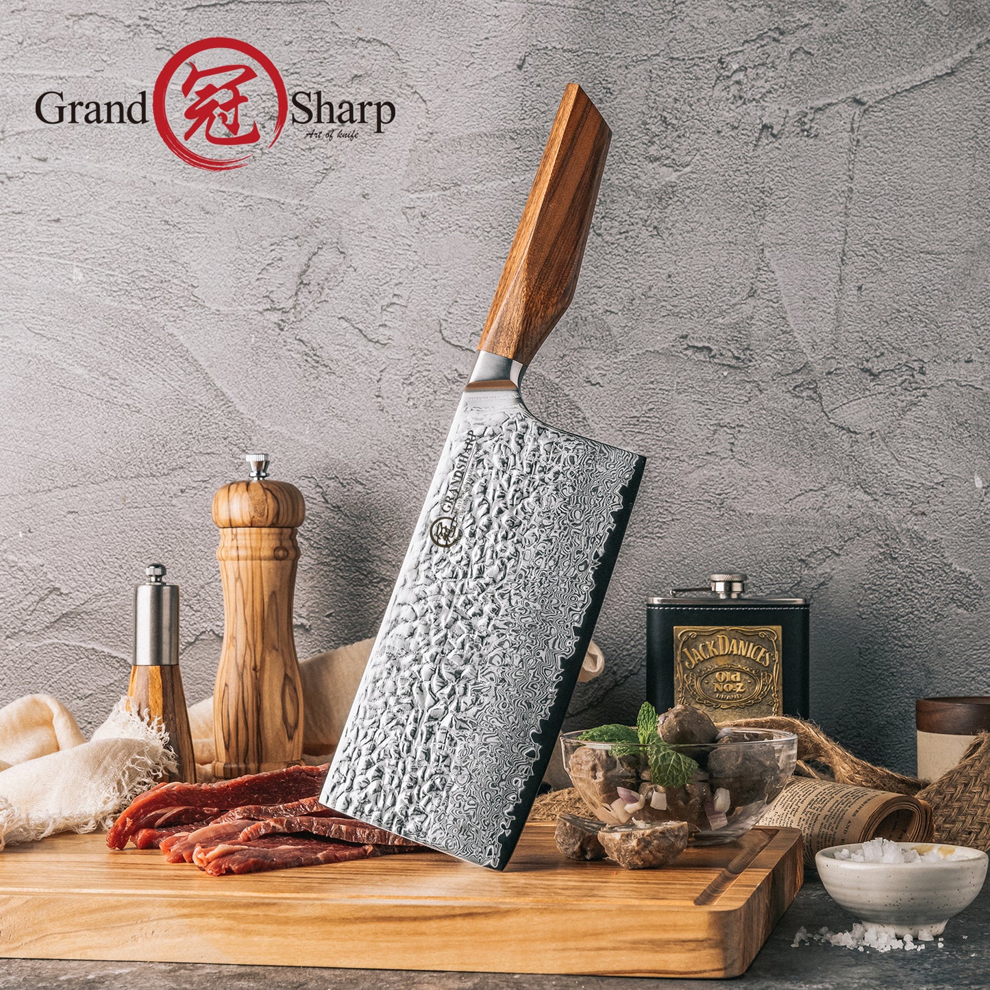 Grandsharp Kitchen Cleaver Caidao Knife 7 Inch 67 Layers AUS10 Damascus Steel Cleaver Cutting Knives with Africa Rose Wood Handle