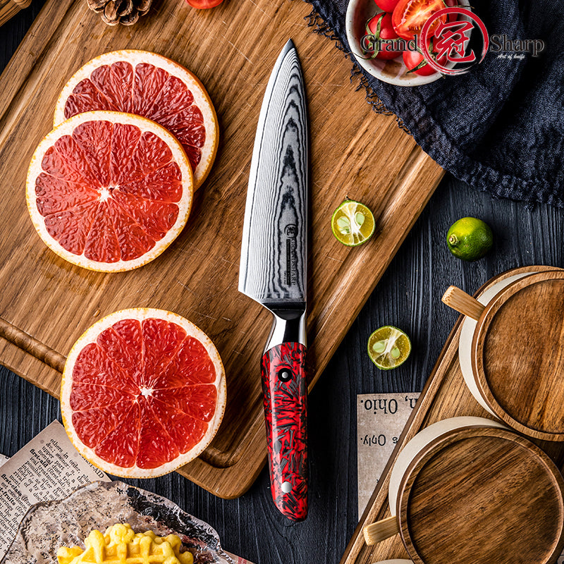 Grandsharp 67 Layers Damascus Steel Utility Paring Knife with Red Resin and Carbon Fiber Handle