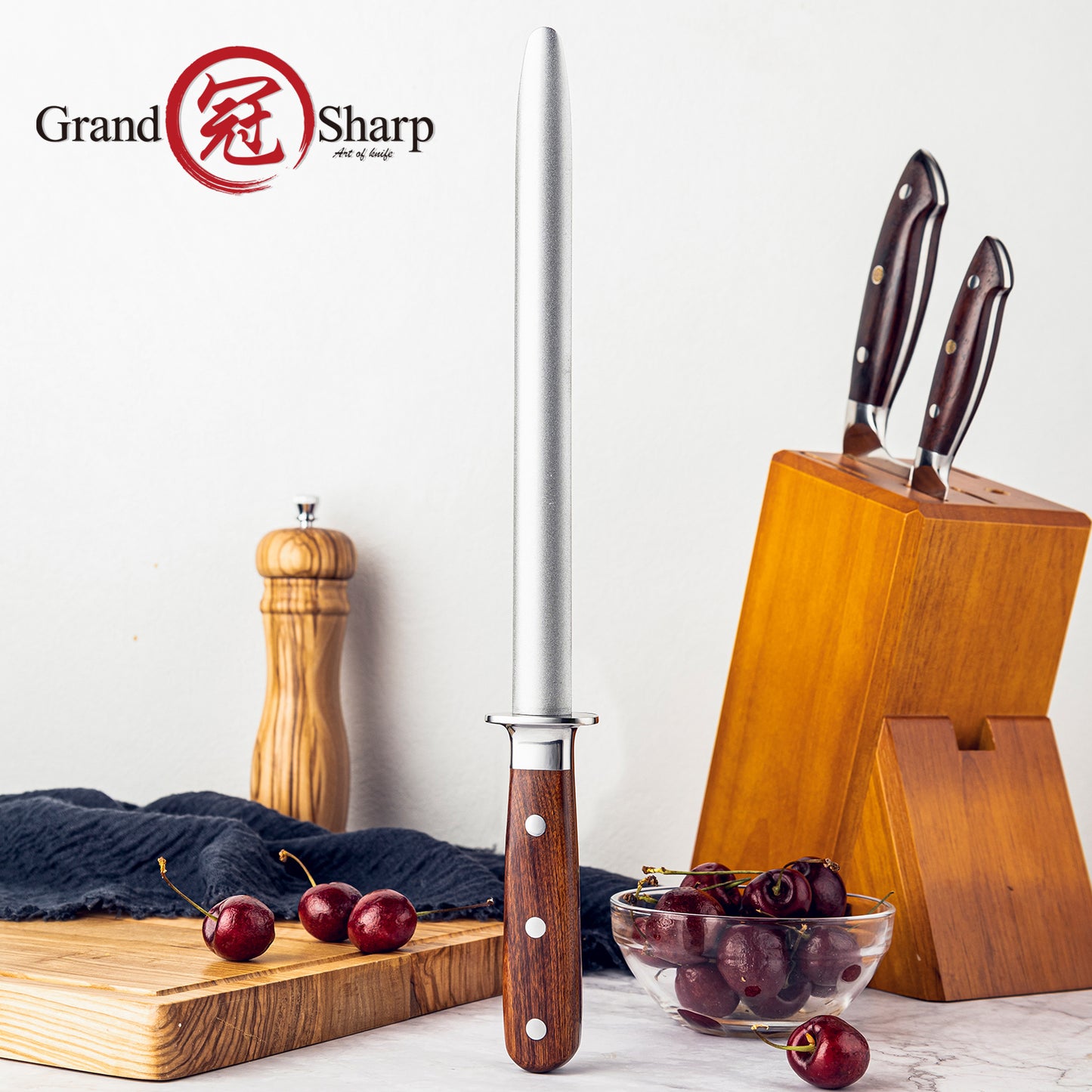 Grandsharp 9 Inch Diamond Powder Round Shank Sharpening Rod Kitchen Chef Knives Accessories Sharpening Stick Sharpener